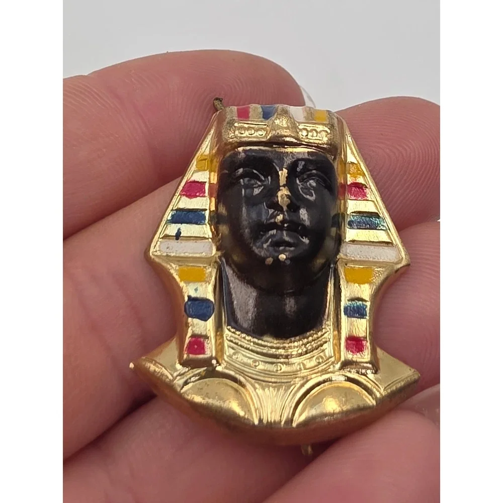 Vintage Egyptian Pharaoh King Tut Brooch Gold Tone Enamel Pin Revival Jewelry